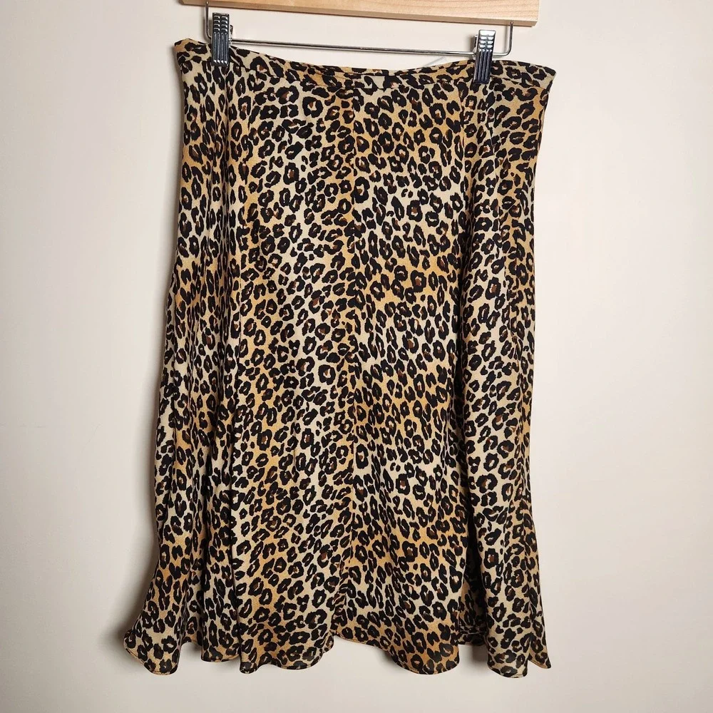 MICHAEL Michael Kors 100% Silk Leopard Print Lined Midi A-Line Skirt Size 8